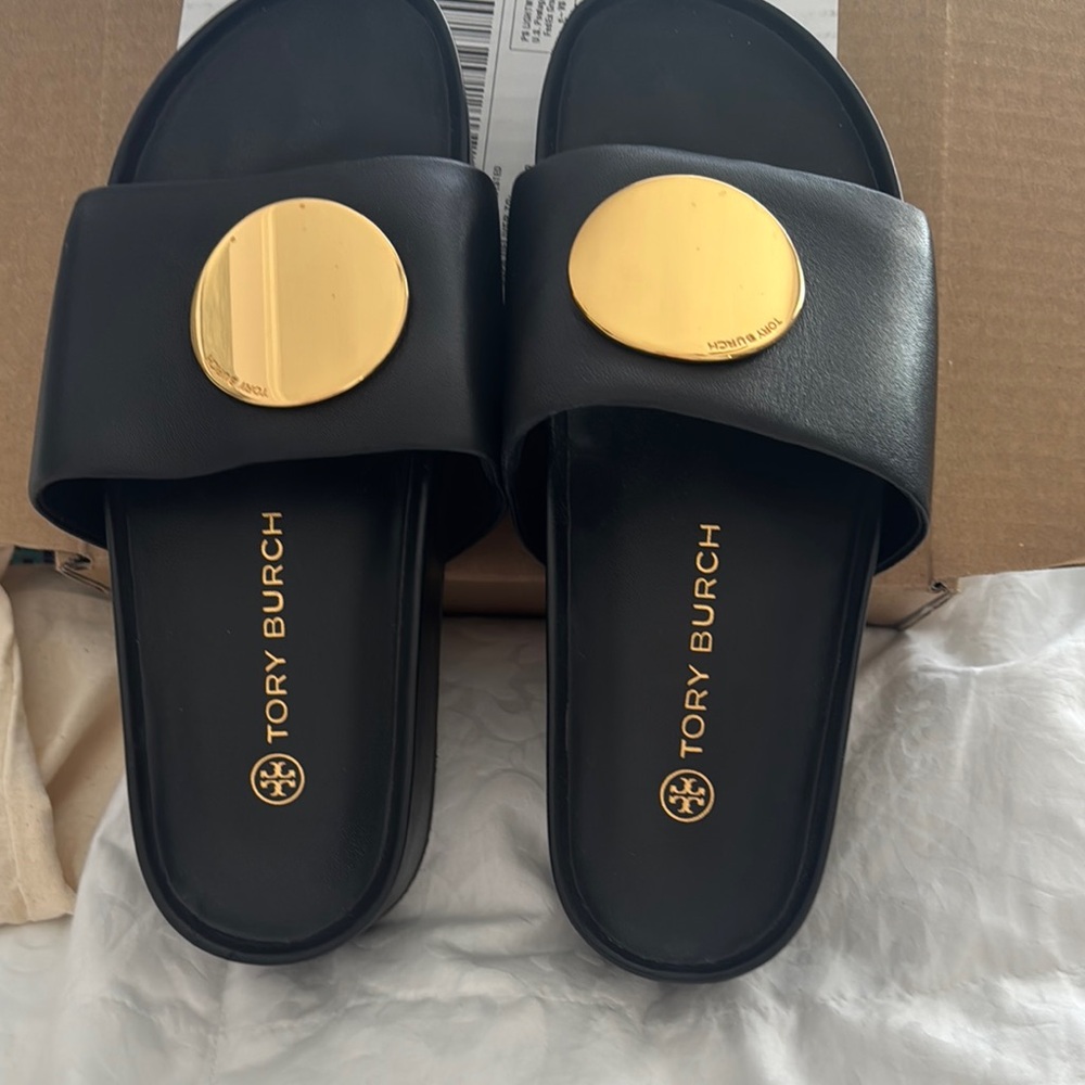 Tory Burch Black and Gold Mules with Metallic Embellishment